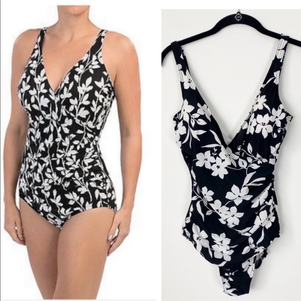 MIRACLESUIT Black White Surplice VNeck Floral One Piece Swimsuit Slimming Sexy